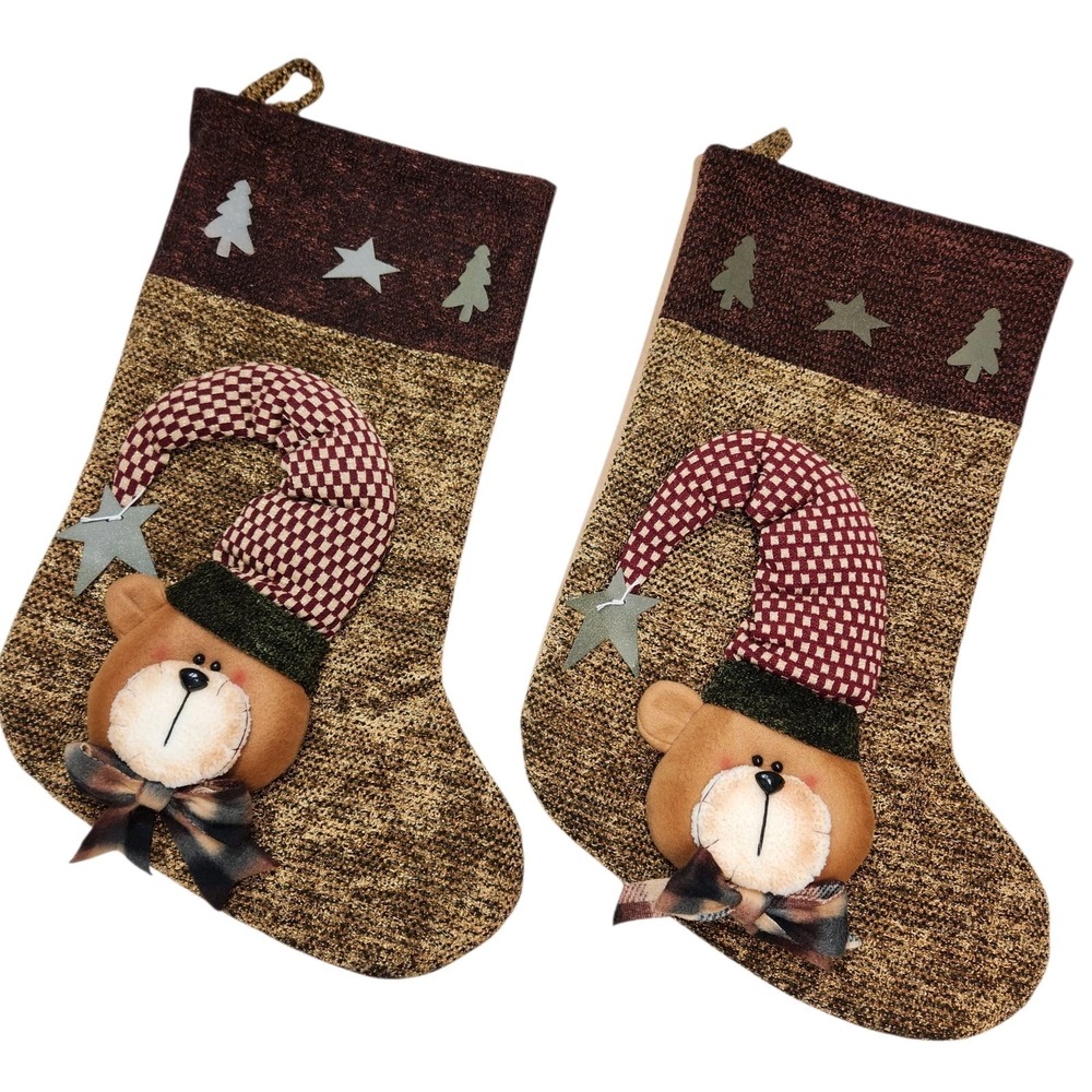 2 Vintage Large Christmas Stocking 3D Teddy Bear Plush Rustic Country Brown Bow